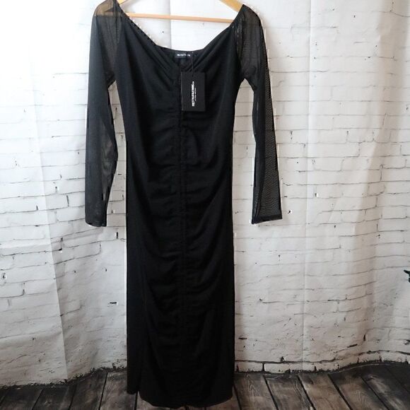 PRETTY LITTLE THING BLACK LONG SHEER SLEEVE DRESS ROUCHED DETAIL SIZE 12 NWT - Picture 1 of 10